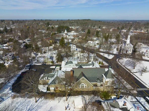 stock image Hancock United Church of Christ and First Parish Church aerial view in winter on Lexington Common in historic town center of Lexington, Massachusetts MA, USA. 