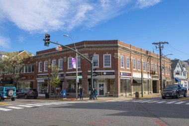 Historic commercial buildings on Massachusetts Avenue at Waltham Street in historic town center of Lexington, Massachusetts MA, USA. 