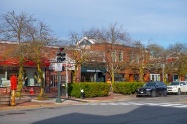 Historic commercial buildings on Massachusetts Avenue in historic town center of Lexington, Massachusetts MA, USA. 