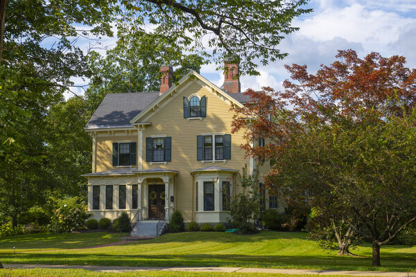 Historic residential building on Main Street in historic town center of Concord, Massachusetts MA, USA. 