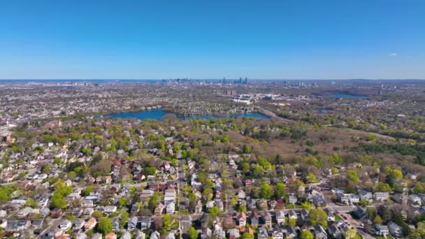 Arlington Heights Suburban Landscape Aerial View Spring Spy Pond Boston — Stock video