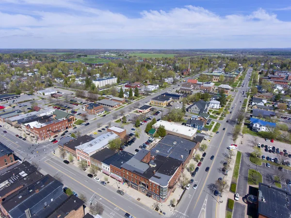 Potsdam downtown aerial view on Main Street and Market Street in town of Potsdam, Upstate New York NY, USA.