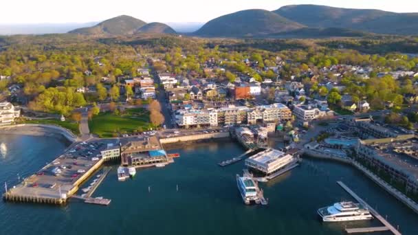 Bar Harbor Ιστορικό Κέντρο Της Πόλης Εναέρια Θέα Στο Ηλιοβασίλεμα — Αρχείο Βίντεο