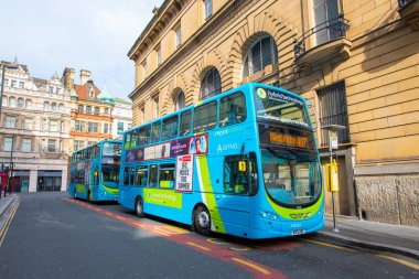 Double deck public bus in city centre of Liverpool, Merseyside, UK. 