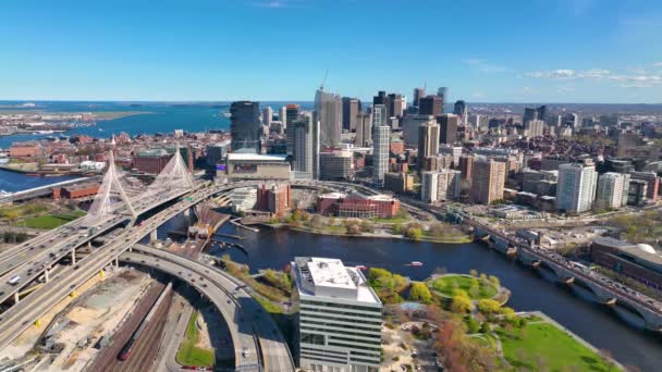 Boston Downtown Financial District Skyline Leonard Zakim Bridge Aerial View — Stock Video