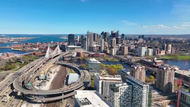 Boston Downtown Financial District Skyline Leonard Zakim Bridge Aerial View — стокове відео