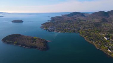 Acadia National Park and Cadillac Mountain aerial view including Bar Harbor town, Bar Island and Porcupine Islands from Frenchman Bay in Maine ME, USA. 