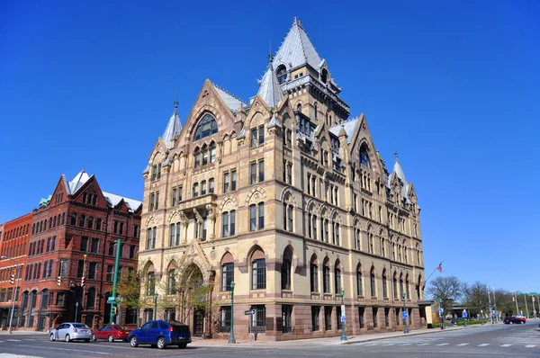 Syracuse Savings Bank Building was built in 1876 with Gothic style at Clinton Square in downtown Syracuse, New York State NY, USA. Now this building is a US National Register of Historic Places.