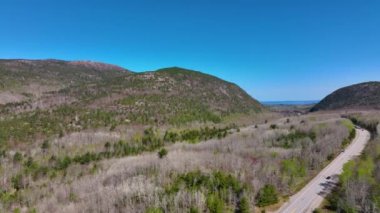 Acadia National Park aerial view including Bar Harbor, Bar Island Porcupine Islands and Cadillac Mountain, Mt Desert Island, Maine ME, USA.  