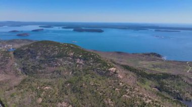 Acadia National Park aerial view including Bar Harbor, Bar Island Cadillac Mountain and Otter Cove, Mt Desert Island, Maine ME, USA.  