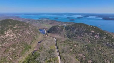 Acadia National Park aerial view including Bar Harbor, Bar Island Porcupine Islands and Cadillac Mountain, Mt Desert Island, Maine ME, USA.  