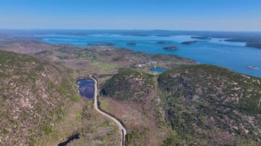Acadia National Park aerial view including Bar Harbor, Bar Island Porcupine Islands and Cadillac Mountain, Mt Desert Island, Maine ME, USA.  