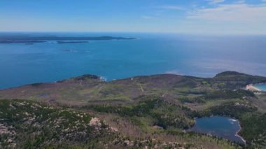 Acadia National Park aerial view including Bar Harbor, Bar Island Cadillac Mountain and Otter Cove, Mt Desert Island, Maine ME, USA.  