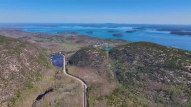 Acadia National Park aerial view including Bar Harbor, Bar Island Porcupine Islands and Cadillac Mountain, Mt Desert Island, Maine ME, USA.  