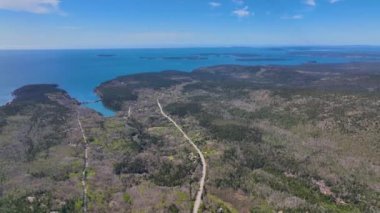 Acadia National Park aerial view including Bar Harbor, Bar Island Cadillac Mountain and Otter Cove, Mt Desert Island, Maine ME, USA.  