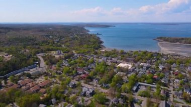 Bar Harbor historic town center aerial view with Cadillac Mountain in Acadia National Park at the background, Bar Harbor, Maine ME, USA. 