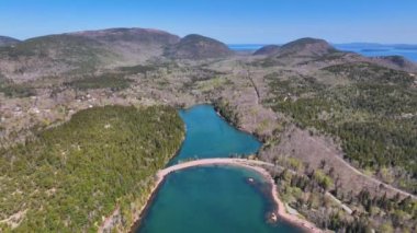 Acadia National Park aerial view including Bar Harbor, Bar Island Porcupine Islands and Cadillac Mountain, Mt Desert Island, Maine ME, USA.  