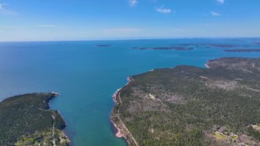 Acadia National Park aerial view including Bar Harbor, Bar Island Cadillac Mountain and Otter Cove, Mt Desert Island, Maine ME, USA.  
