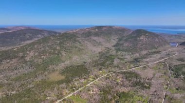 Acadia National Park aerial view including Bar Harbor, Bar Island Cadillac Mountain and Otter Cove, Mt Desert Island, Maine ME, USA.  