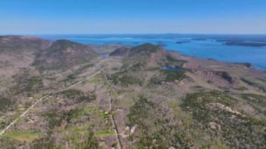 Acadia National Park aerial view including Bar Harbor, Bar Island Porcupine Islands and Cadillac Mountain, Mt Desert Island, Maine ME, USA.  