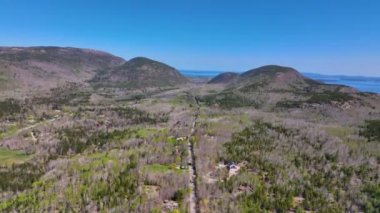 Acadia National Park aerial view including Bar Harbor, Bar Island Porcupine Islands and Cadillac Mountain, Mt Desert Island, Maine ME, USA.  