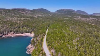 Acadia National Park aerial view including Cadillac Mountain, Hunters Beach Cove and Park Loop Road, Mt Desert Island, Maine ME, USA.  