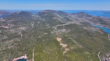 Acadia National Park aerial view including Cadillac Mountain, Hunters Beach Cove and Park Loop Road, Mt Desert Island, Maine ME, USA.  