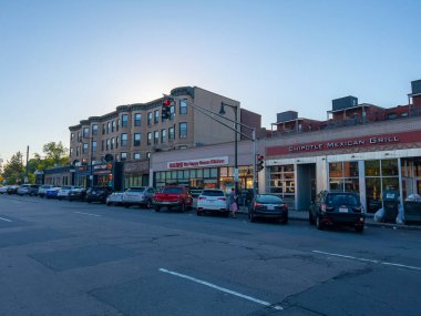 Historic commercial buildings at 1926 Beacon Street in Brighton, Boston, Massachusetts MA, USA. 