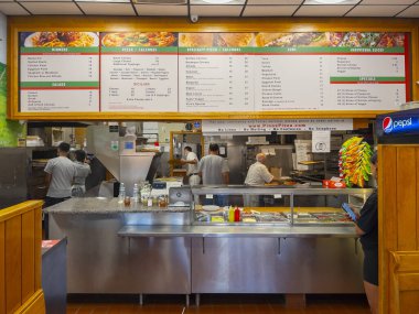 Pino's Pizza inside view at 1920 Beacon Street in Brighton, Boston, Massachusetts MA, USA. 
