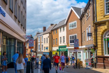 Historic commercial buildings on Silver Street at Market Place in city center of Durham, England, UK. The Durham Castle and Cathedral is a UNESCO World Heritage Site. 