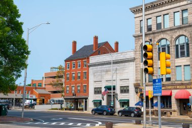 Historic commercial building at 85 Washington Street at Central Avenue in city center of Dover, New Hampshire NH, USA. 