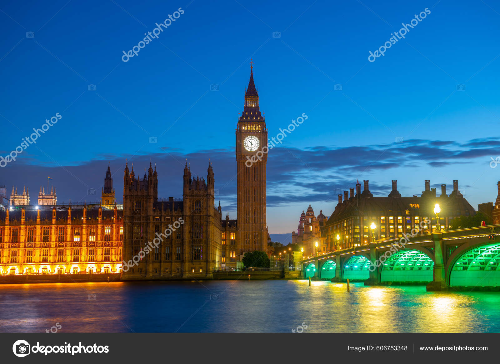 Big Ben Palace Westminster Westminster Bridge Pôr Sol Hora Azul — Foto ©  jiawangkun #606753348, image size:1600x1167