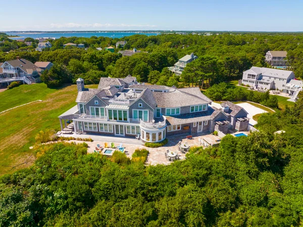 Historic waterfront house aerial view at Seagull Beach in summer in West Yarmouth, Cape Cod, Massachusetts MA, USA.
