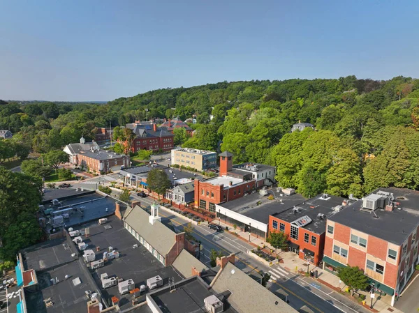 Belmont commercial center Leonard Street aerial view in historic center of Belmont, Massachusetts MA, USA.