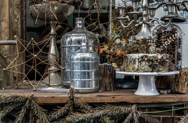 Antique Candlestick Dry Plant Dried Flowers Pine Cones Glass Bottle — Stock Photo, Image