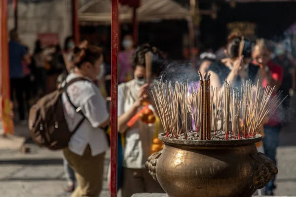 Bangkok Thailand Feb 2020 Incense Burning White Smoke Incense Pot — Stock Photo, Image