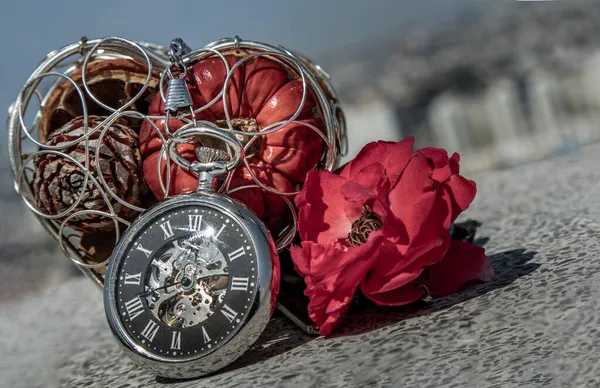 Vrucht Het Hart Geschenkdoos Een Zakhorloge Rode Roos Met Een — Stockfoto