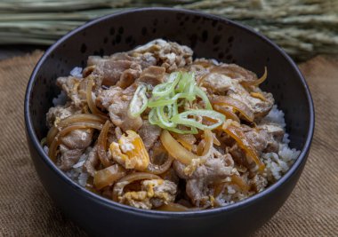 Tahta masada yumurta ve soğanlı (Donburi) Japon domuz pirinci kasesi. Japon yemek tarzı..