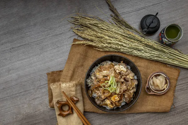 Japanische Reisschale Mit Und Zwiebeln Donburi Serviert Mit Eingelegtem Ingwer — Stockfoto