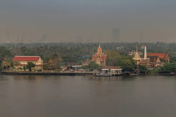 バンコク 2020年2月27日 川の横の緑の部分を見るチャオプラヤー川の景色 バンクラチャオと呼ばれていますワットバンカチャオノックと小桟橋をはっきりと見ることができます — ストック写真