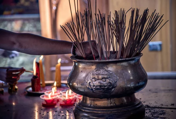 Bangkok Thailand Oct 2019 Incense Burning Temple Wat Mangkon Kamalawat — Stock Photo, Image