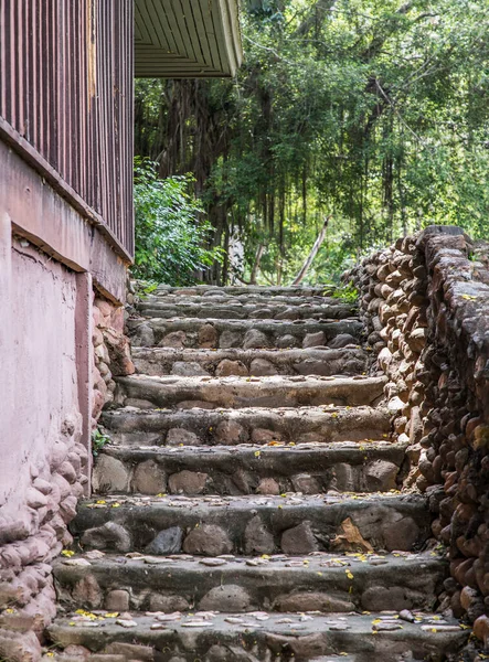Old Traditional Stone Staircase Rocks Stairs Stone Railing Surrounding Green — Stock Photo, Image