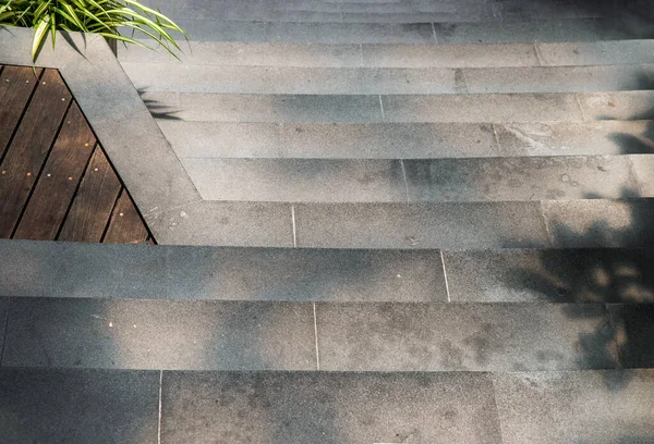 Beton merdiven ve zemin güneş ışığı ve gölgeli. Park, mimari ve dış yol, kopyalama alanı, seçici odak noktası..