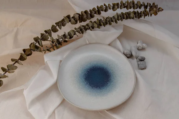 蓝色和白色的盘子 在卡利科上有干花 漂亮的安排 — 图库照片