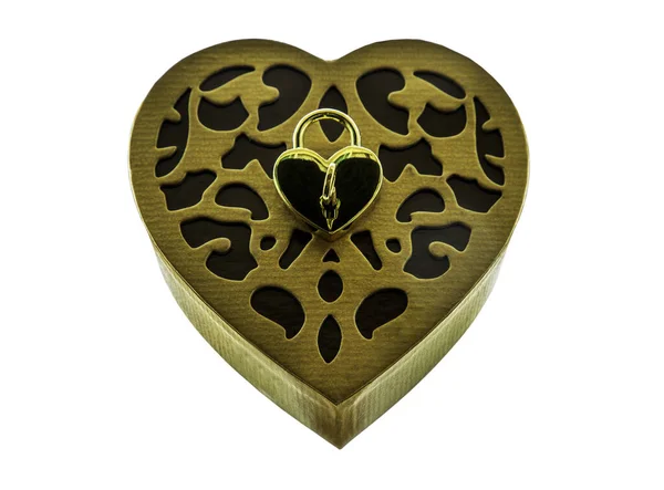 Χρυσό Λουκέτο Αγάπης Σχήμα Καρδιάς Και Κλειδί Πάνω Στο Χρυσό — Φωτογραφία Αρχείου