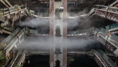 Bangkok, Tayland - 07 Şubat 2022: Terk edilmiş alışveriş merkezi binasında hasar gören yürüyen merdivenler. Yapısal ve harabeler zamanla bozulmaya, Yeni Dünya Alışveriş Merkezi ve Seçici Odaklanmaya bırakıldı.