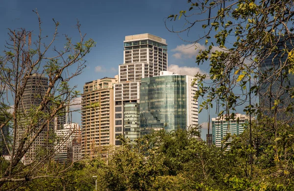 Yeşil Ağaçların Arasındaki Modern Yüksek Binaların Manzarası Öğleden Sonra Bulutlu — Stok fotoğraf