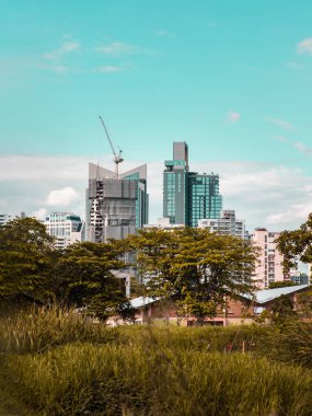 Bangkok, Tayland - 19 Şubat 2022: Doğada yeşil ağaçlar arasında yer alan modern yüksek binaların görüntüsü öğleden sonra bulutlu mavi gökyüzüne karşı. Şehir büyüme konsepti, Seçici odak.