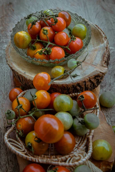 Groupe Variétés Colorées Tomates Sauvages Fraîches Mini Tomates Cerises Sur — Photo