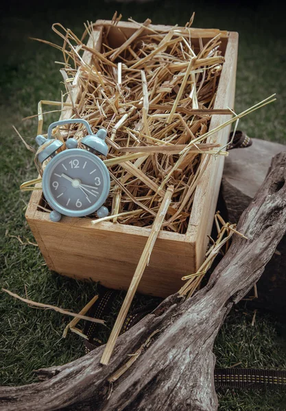 Wecker Auf Stroh Hintergrund Holzkiste Geschenkkonzept Des Aufbruchs Einen Neuen — Stockfoto